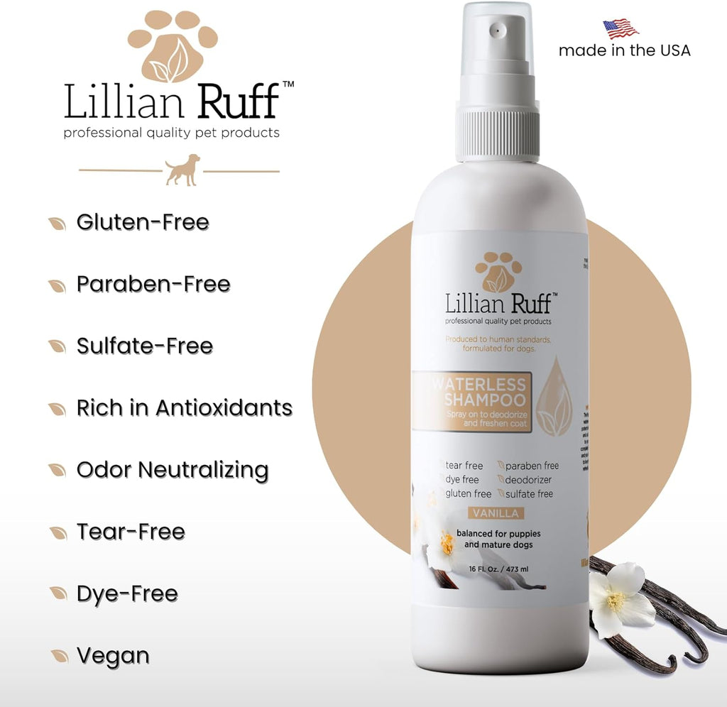 Lillian Ruff Waterless No-Rinse Dog Dry Shampoo Spray with Hydrating Essential Oils - pH-Balanced Dry Shampoo for Dogs - Clean, Condition, Detangle & Deodorize Dry, Sensitive Skin (Vanilla)