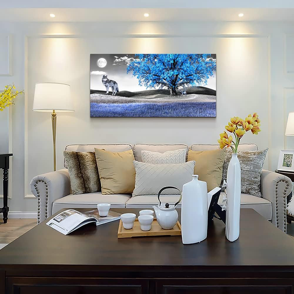 Large Size Canvas Wall Art For Living Room Wall Decor For Bedroom Modern Office Decorations Blue Tree Wall Pictures Artwork Black And White Scenery Paintings Room Wall Prints Art Home Decor 24" X 48"