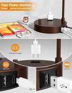 Innqoo Brown Side Table Lamp with USB Port and Outlet, Dimmable Nightstand Bedside Lamps with Linen Lampshade, Desk Lamp for Bedroom, Living Room, Guest Room, Home Office, LED Bulb Included