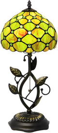 Small Tiffany Lamp Brown Green Pearl Style Stained Glass Table Lamps Desk Bedside Reading Light 8X8X18 Inches with Bronze Metal Leaf Resin Base