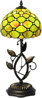 Small Tiffany Lamp Brown Green Pearl Style Stained Glass Table Lamps Desk Bedside Reading Light 8X8X18 Inches with Bronze Metal Leaf Resin Base