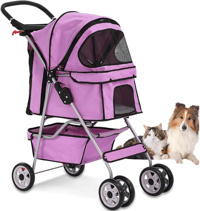 4 Wheels Pet Stroller Cat Dog Cage Stroller Travel Folding Carrier with Cup Holders and Removable Liner for Small-Medium Dog, Cat (Pink)