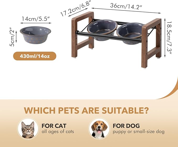 5.5inch Ceramic Adjustable Raised Double Bowls Set with Stand, 3 Heights Elevated, 2 Placement Options, Food and Water Dishes for Puppy, Cats（Double Bowls+Stand, Reactived Glaze -Grey