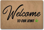 Funny Welcome Doormat (23.7 in X 15.6 in) Anti-Slip Rubber Back Entrance Way Indoor Front Porch Decor Rugs House Warming Gift (Welcome to Our Joint with Cannabis Leaf)
