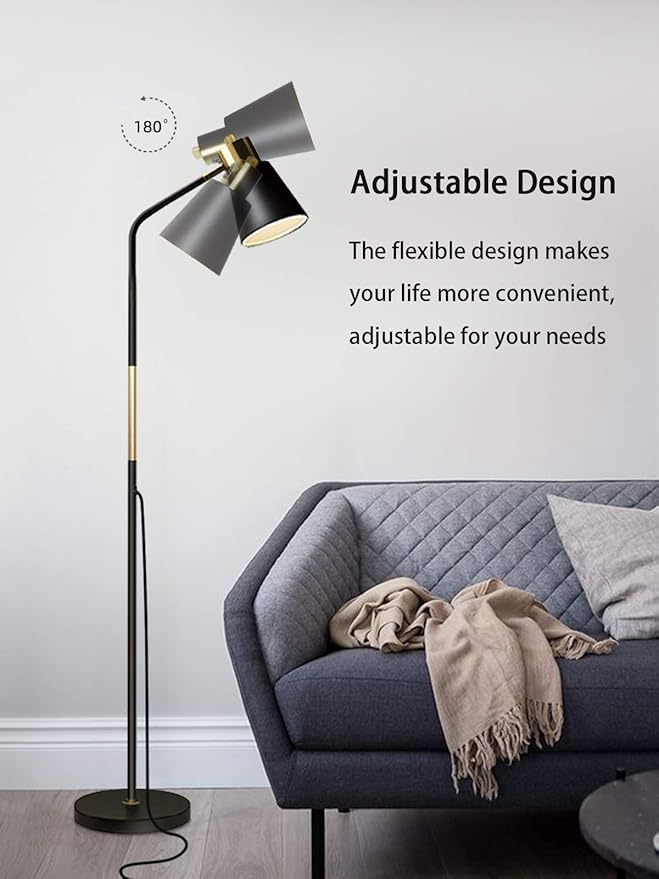 Floor Lamp, Dimmable Floor Lamps for Living Rooms & Bedrooms, Farmhouse Reading Lamp - Standing, Adjustable Metal Heads Indoor Task Lighting for Living Room Bedroom Office (Dimmable Black)