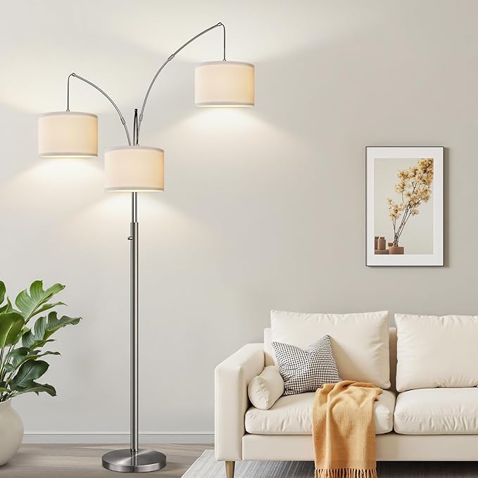 Nintiue Dimmable Floor Lamp - 3 Lights Brushed Nickel Arc Floor Lamps for Living Room,1000LM Modern Tall Standing Lamp with White Shades,Mid Century Tree Floor Lamp for Bedroom,3 LED Bulbs Included