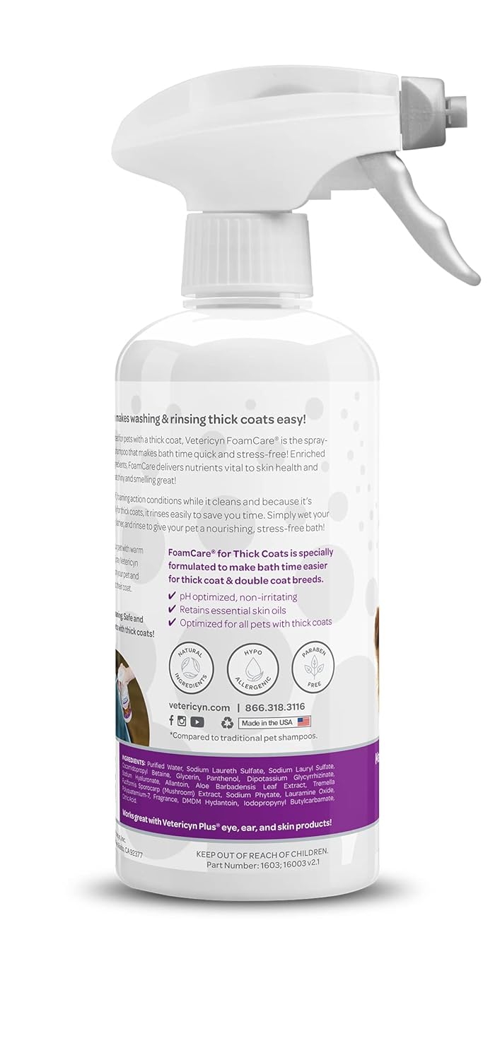Vetericyn FoamCare Dog Shampoo and Conditioner - Instant Foaming, Spray-On Hypoallergenic Shampoo for Thick Coats, Plant-Based Formula for Dogs and Cats. 16 Ounce
