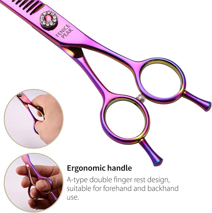 Fenice Peak Professional Dog Grooming Scissors Pet Curved Chunker Shears 7.0'' Extremely Sharp Blades 440C Steel Thinning Scissors Durable Smooth Motion & Fine Cut for Dogs and Cats (Multicolored)