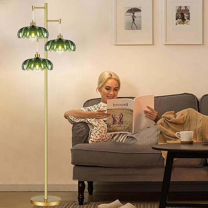 Gold Floor Lamps for Living Room Vintage Floor Lamp with Glass Lmapshape & Three Led Bulb,Green Floor Lamp Brass Mid Century Modern Standing Lamp Tall Tree Flower Floor Lamps for Bedroom,Office,Corner