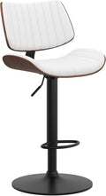 SIMPLIHOME Novak Adjustable Swivel Bar Stool - 33 inch Seat Height Upholstered Metal Chair in White Vegan Faux Leather, Mid Century Seating for Kitchen or Bar with Curved Bentwood Back