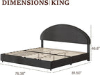 King Size Bed Frame, Upholstered Platform Bed with Headboard, Boucle Bed Frame with Round Conner, No Box Spring Required, Easy Assembly, Dark Grey