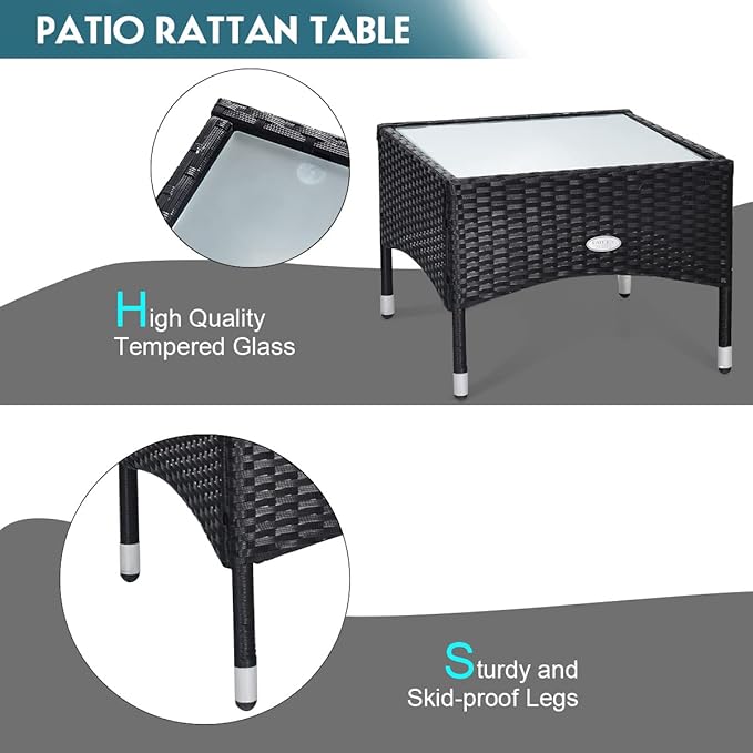 COSTWAY 3 PCS Patio Wicker Conversation Set, PE Rattan Sofa with Tempered Glass Coffee Table, 2 Chairs, 2 Cushions, Outdoor Patio Furniture Set for Yard Porch Bistro Balcony Backyard Pool, Turquoise