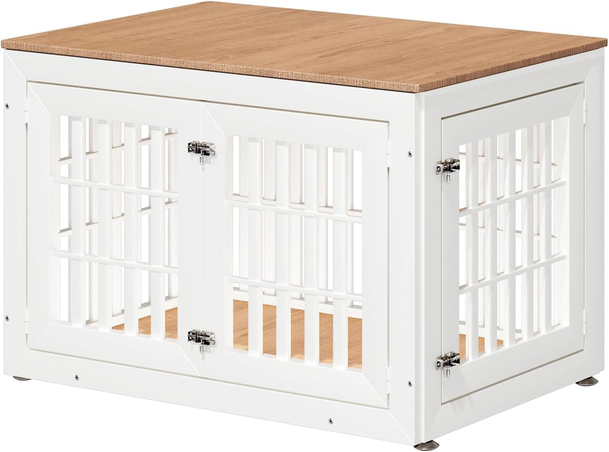 42" Heavy Duty Dog Crate Furniture for Small,Medium and Large Dogs,Rustic Wooden Dog Cage Kennel Indoor Furniture with Waterproof Top,Decorative Pet House Side End Table (White & Wood)