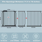 Extra Wide Baby Gate 71.6-76.37 Inch Black, Walk Through Pressure Mounted No Drill Long Large Tension Metal Gate for Dog and Toddler