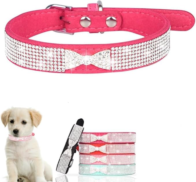 Serijoars Small Dog Collar with Rhinestone Crystal Diamond Colorful Bling Girl Puppy Cat Collars (XS, Hot Pink3)