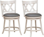 COSTWAY Bar Stool Set of 2 for Kitchen Island, 25.5” Swivel Armless Counter Height Stools with 20'' Wider Padded Seat, Ergonomic Curved Backrest, Rubber Wood Frame (2, Antique White + Gray)