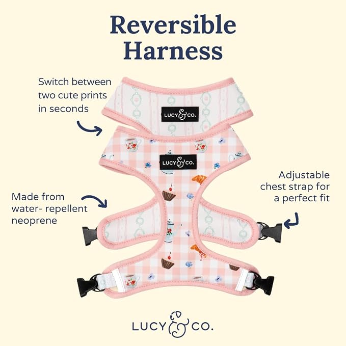 Lucy & Co. Reversible Dog Harness - Water-Repellent Neoprene, Dual-Print Design, Easy Swap Style, Adjustable Comfort Fit - Sipping Slowly Reversible Harness - Large