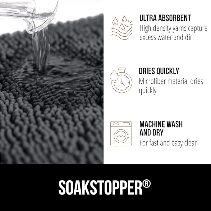 GORILLA GRIP SoakSTOPPER Dog Door Mat, 36x24 Machine Washable Rug Absorbent Doormat Captures Moisture Mud Dirt, Quick Dry Soft Chenille Entryway Rugs Indoor Entrance Mats for Dog Paws, Charcoal