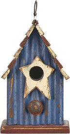 Glitzhome Birdhouses for Outdoors, 9" H Patriotic Hanging Bird House Distressed Solid Wood Cottage Design with 3D Star, Garden Birdhouse for Bluebird Hummingbird Wren Finch Cardinals Cedar