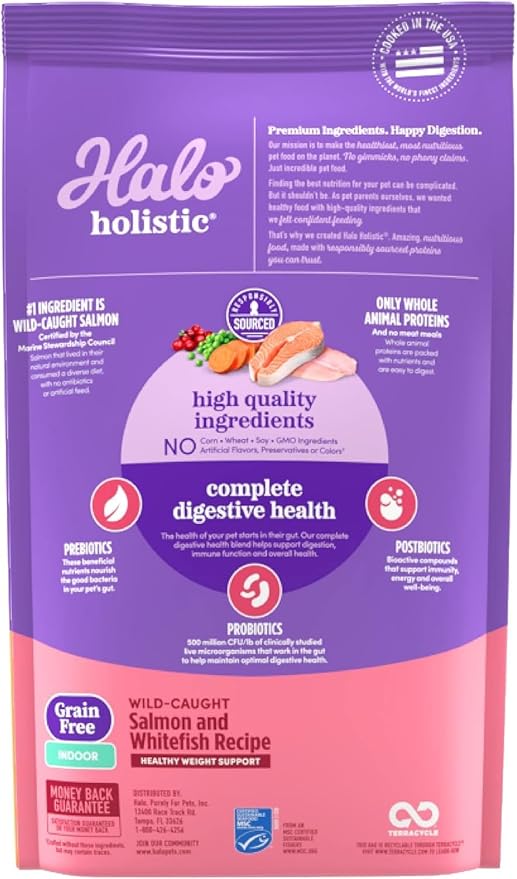 Halo Holistic Indoor Cat Food Dry, Grain Free Wild-caught Salmon & Whitefish Recipe for healthy weight support, Complete Digestive Health, Dry Cat Food Bag, Adult Formula, 6-lb Bag