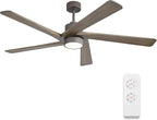 WINGBO 54 Inch DC Ceiling Fan with Lights and Remote Control, 5 Reversible Carved Wood Blades, 6-Speed Noiseless DC Motor, Modern Ceiling Fan in Graphite Finish with Gray Blades, ETL Listed