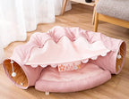 2 in 1 Cat Tunnel Bed Tube with Cushion and Plush Ball Toy Playground Crinkle Collapsible for Large Cats Kittens Kitty Puppy Small Dog Foldable Soft Pet Play Bed Indoor Outdoor- Pink Cat Tunnel Bed