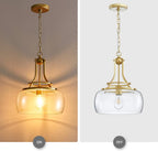WUZUPS Chandelier Rustic Farmhouse Industrial Round Ceiling Pendant LED Light Fixture with Clear Glass Shades for Dining Room Kitchen Island Foyer Entryway, H 17" x W 13.4", E26 Base, Gold