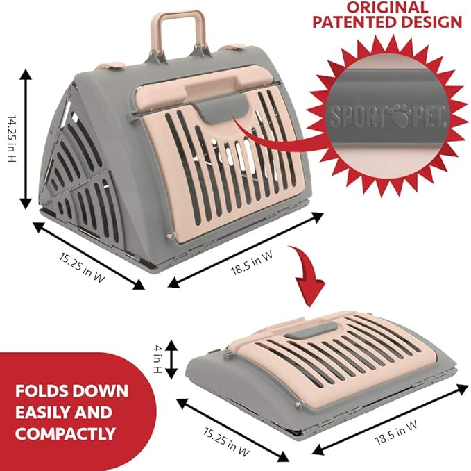 SportPet Designs Foldable Travel Cat Carrier - Front Door Plastic Collapsible Carrier, Gray and Tan, Medium (Pack of 1)