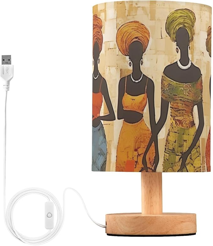 Bedside Lamp African American Black Womens Basket Table Lamp with USB Port Wood Base for Living Room,Bedroom,Nightstand,Office 214a5266