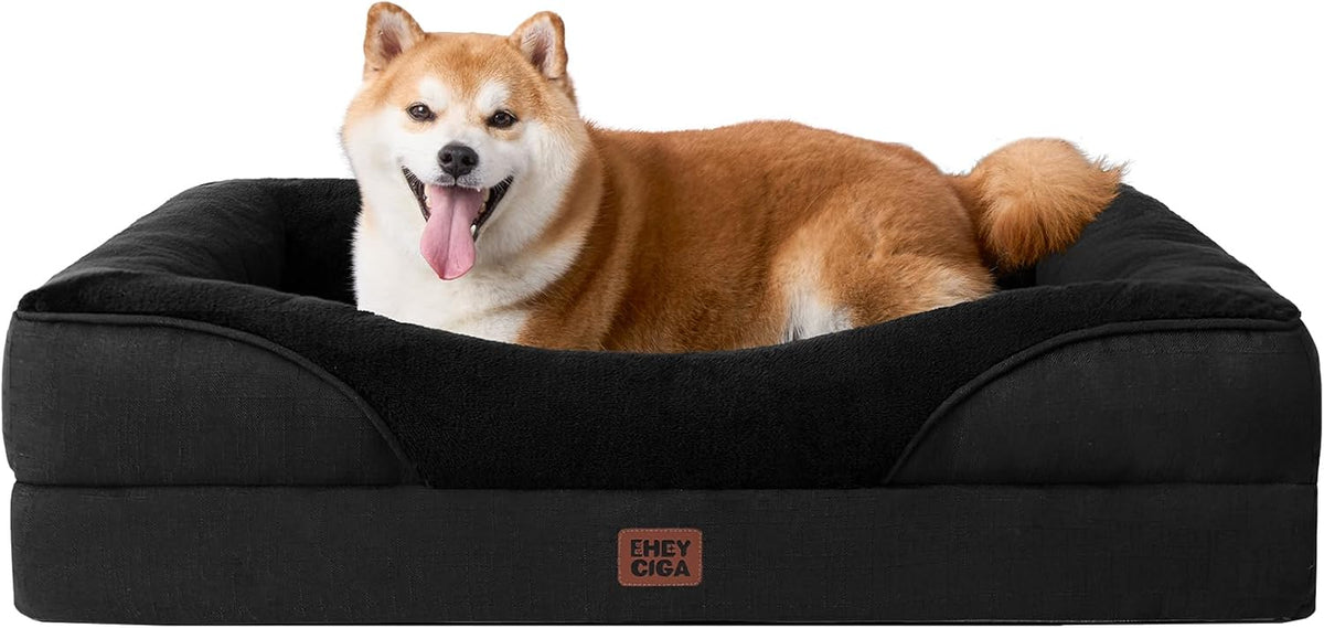 EHEYCIGA Memory Foam Dog Bed for Large Sized, Orthopedic Dog Sofa with Sides and Waterproof Liner, Washable Bolster Pet Couch with Removable Cover, 36x27x7 Inch, Black