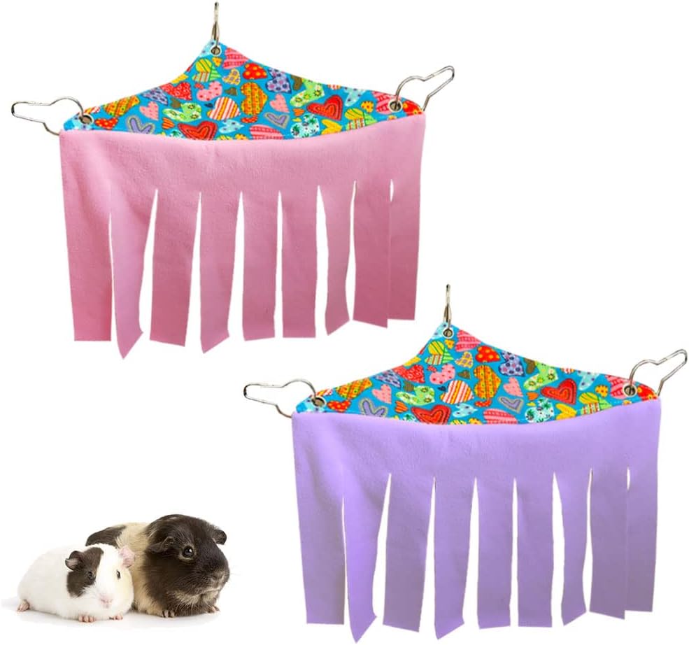 RIOUSSI Guinea Pig Hideout Hideaway Corner Fleece Toys Cage Accessories with Reversible Sides, Heart/Gray-Pink+Purple, Pack of 2