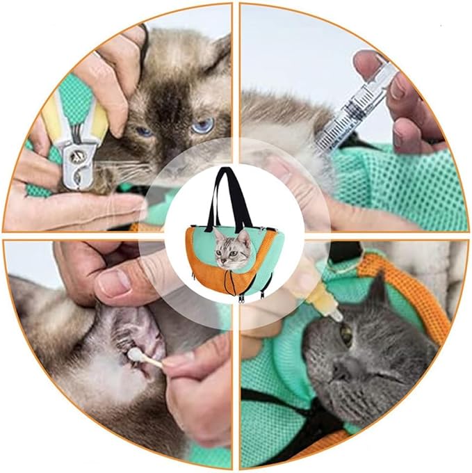 Adjustable Cat Bathing Bag Anti-Bite & Anti-Scratch Bath Washing Mesh Grooming Bag Shoulder Pet Carrier Hands-Free Bag for Small Cats