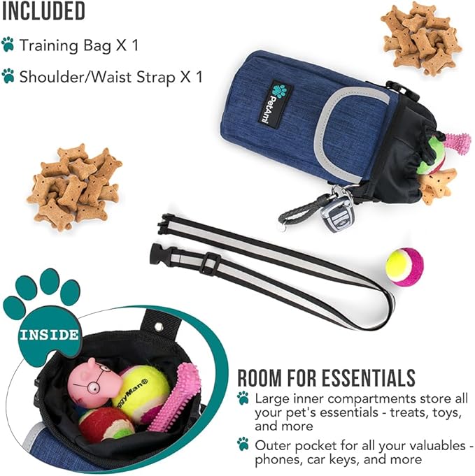 PetAmi Dog Treat Pouch, Large Pet Training Treat Pouch with Pocket, Dog Trainer Essentials Supply Holder with Poop Bag Dispenser, Training Bag for Kibbles Toys, 3 Ways to Wear (Navy)