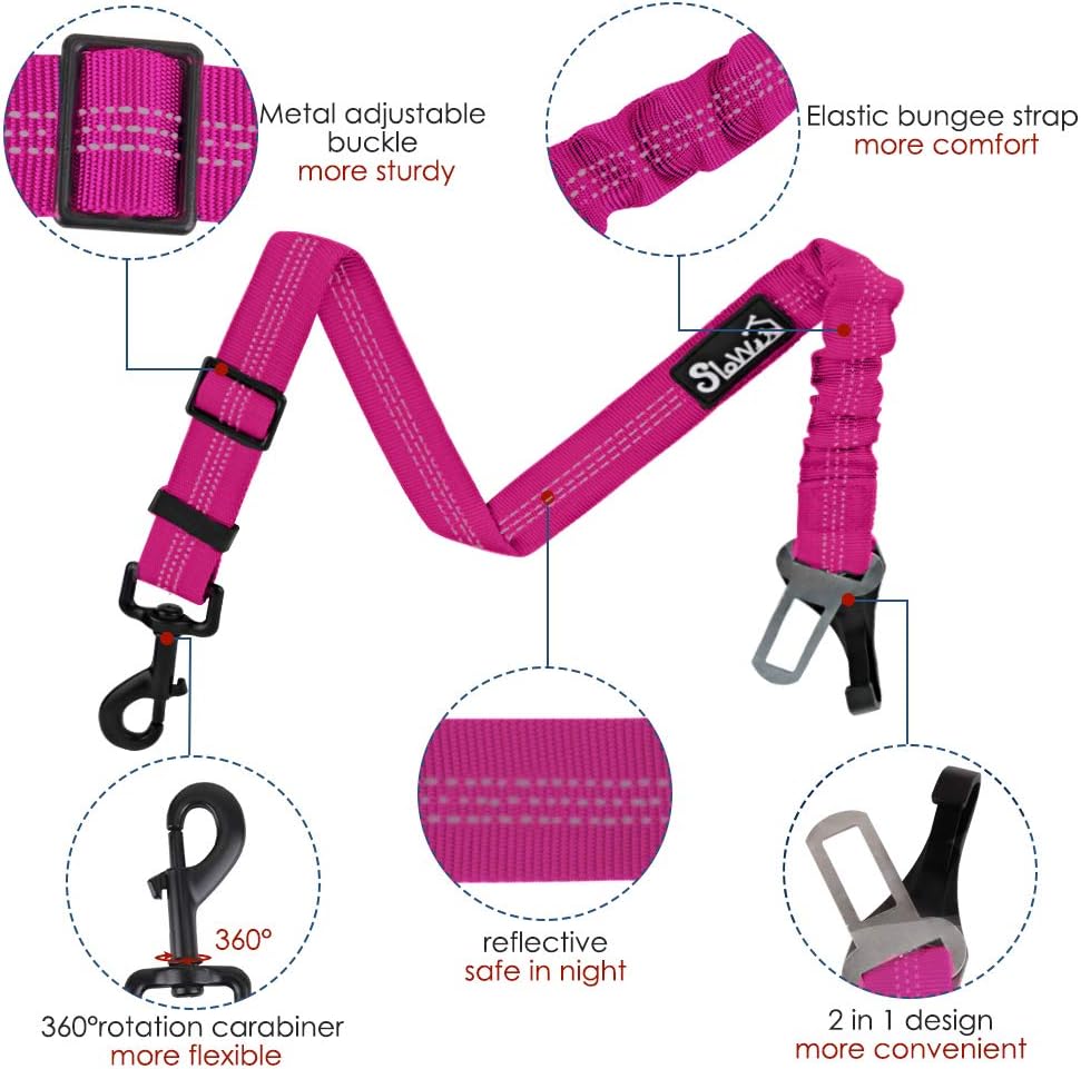 SlowTon Dog Seat Belt, Adjustable Dog Safety Belt Leash, 2 in 1 Latch Bar Attachment Dog Car Seatbelt with Elastic Nylon Bungee Buffer, Reflective Nylon Belt Tether (FU)
