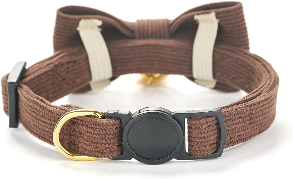2 Pack Soft Corduroy Cat Collars with Bow Tie & Bell, Adjustable Breakaway Cotton Kitty Bowtie Collar for Male Boy Cats (Black & Brown)