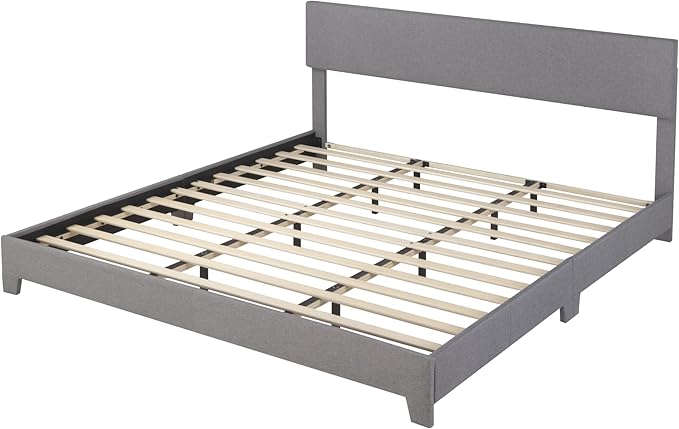 Allewie King Size Platform Bed Frame with Adjustable Upholstered Headboard, Strong Wood Slats, Heavy Duty Mattress Foundation, No Box Spring Needed, Noise-Free, Easy Assembly, Light Grey