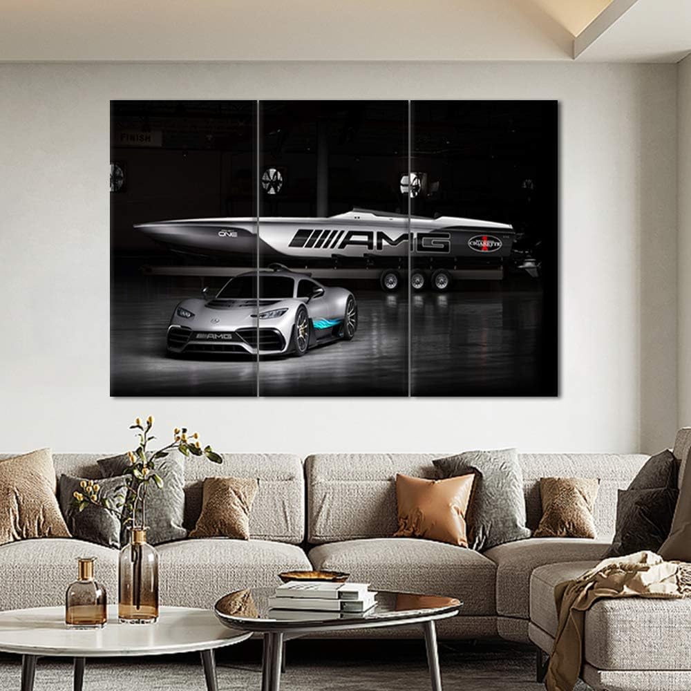 TUMOVO 3 Pieces Black and White Sport Car Canvas Giclee Print Painting Picture Wall Art Home Decor Gifts for Boy Room Ready to Hang - 12 x 24 inch x 3 Panels