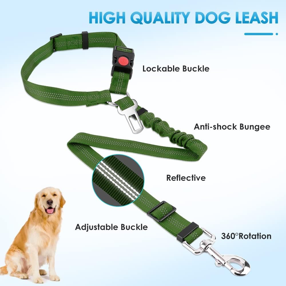 SlowTon Dog Seat Belt for Car, 2 Pack Dog Car Harness Seatbelt Adjustable with Elastic Bungee Buffer, 2 in 1 Pet Car Leash Headrest Restraint Dog Reflective Safety Tether (Green, Headrest+Clip)