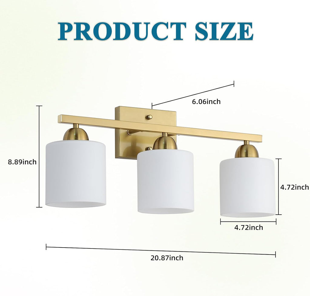 Stainless Steel Milk Glass Vanity Lights for Bathroom, 3 Light Gold Bathroom Light Fixtures Over Mirror, Ceramic E26 Sockets Wall Mounted