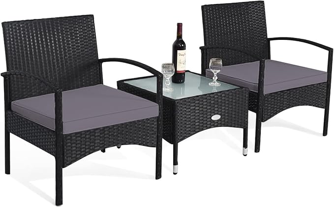 COSTWAY 3 PCS Patio Wicker Conversation Set, PE Rattan Sofa with Tempered Glass Coffee Table, 2 Chairs, 2 Cushions, Outdoor Patio Furniture Set for Yard Porch Bistro Balcony Backyard Pool, Grey