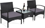 COSTWAY 3 PCS Patio Wicker Conversation Set, PE Rattan Sofa with Tempered Glass Coffee Table, 2 Chairs, 2 Cushions, Outdoor Patio Furniture Set for Yard Porch Bistro Balcony Backyard Pool, Grey