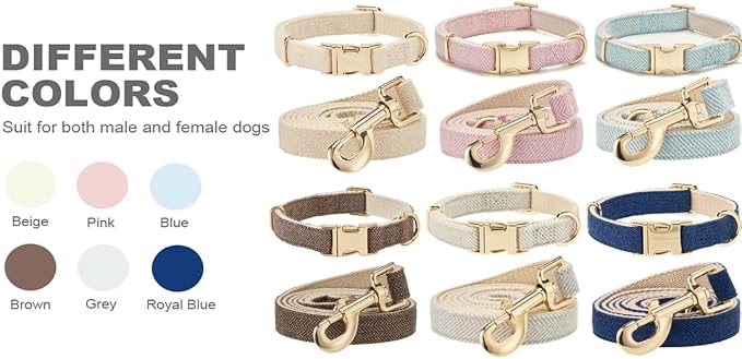 Soft Dog Collar and Leash Set Adjustable Woven Tweed Dog Collars with Metal Buckle and Lead for Small Medium Large Dogs,Beige