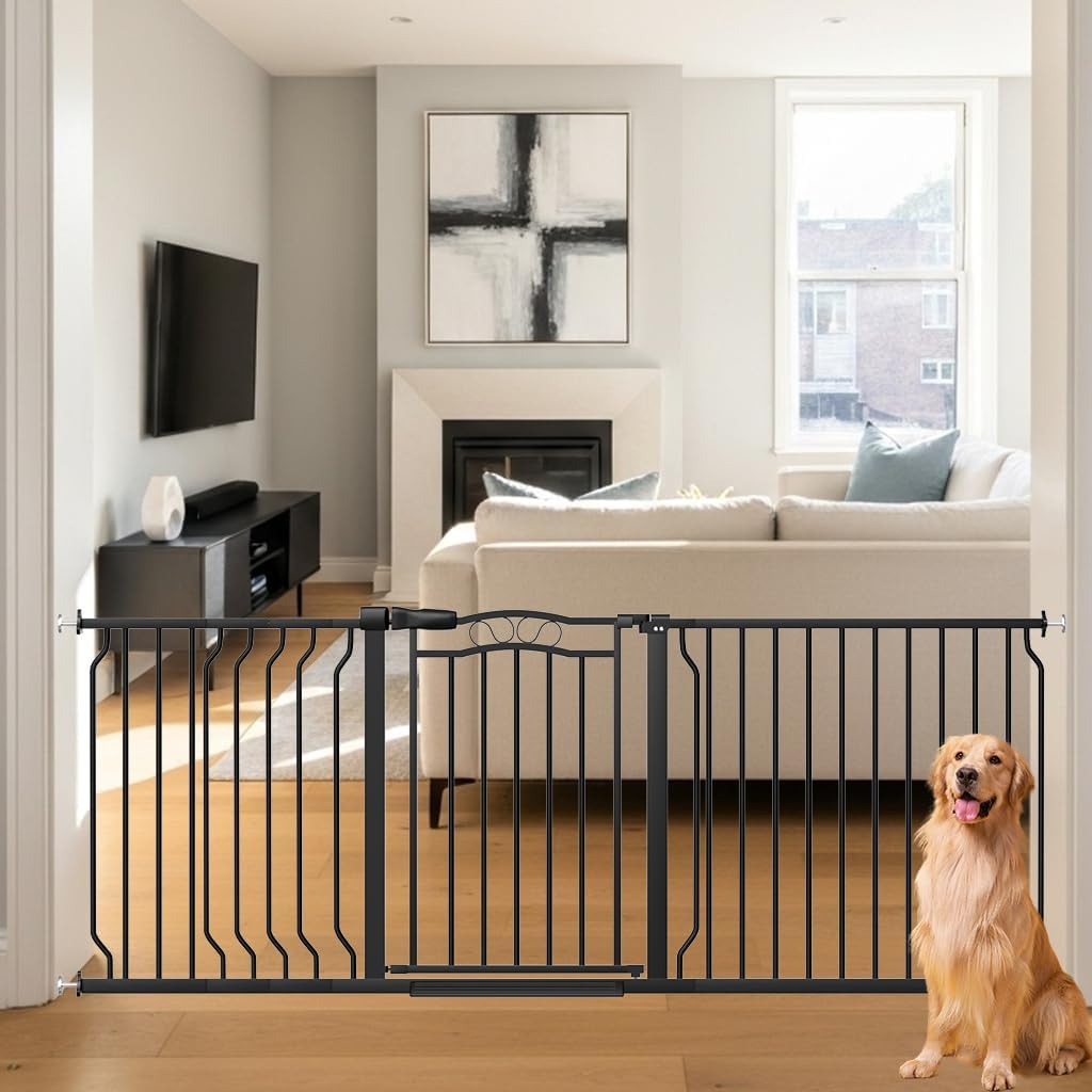 Extra Wide Baby Gate 67.3-81.1 Inch, Pressure Mounted Dog Gate Indoor, Walk Thru Pet Gate for Cat Dog Child,Pet Gates for The House Stairs Doorway Black
