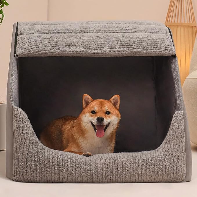 Extra Large Dog Bed House, Cozy Dog House Indoor, Memory Sponge, Plush Dog Cave Bed Crate Cushion with Non-Slip Bottom for Medium Large Dogs (Grey, XL)