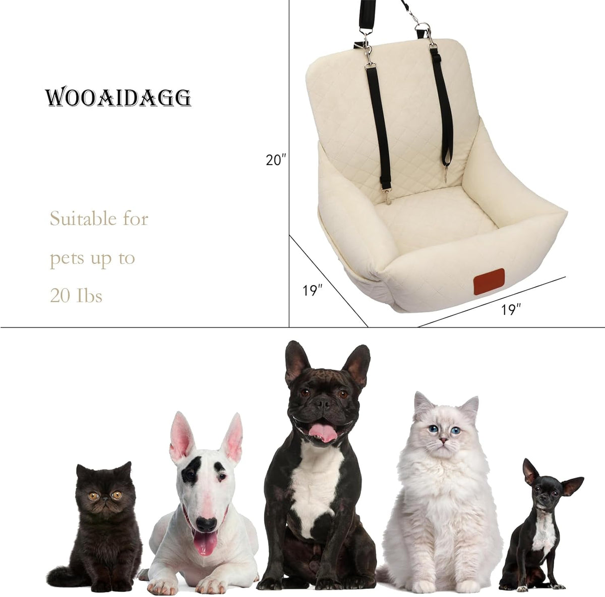 Dog Car Seat for Small Dogs,Ultra-Soft Fabric,2 Storage Pockets & Safety Leash,Adjustable Straps,Easy to Install,Fully Detachable and Washable(Beige)