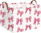 Rectangular Pink Girls basket,Delicate pink bow girls nursery laundry basket,Pink Laundry Hamper,kids waterproof collapsible canvas basket,Toy bins,Girls Room decor(Bowknots)
