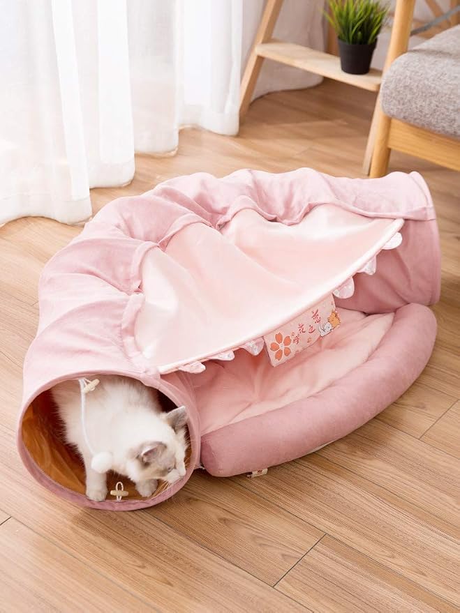 2 in 1 Cat Tunnel Bed Tube with Cushion and Plush Ball Toy Playground Crinkle Collapsible for Large Cats Kittens Kitty Puppy Small Dog Foldable Soft Pet Play Bed Indoor Outdoor- Pink Cat Tunnel Bed