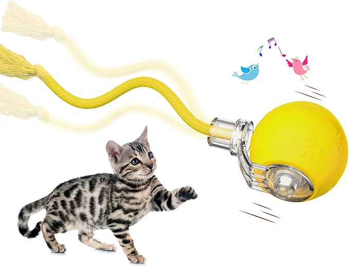 Interactive Cat Toys, Automatic Moving Cat Toys for Bored Indoor Adult Cats, Fast Rolling, Chirping & Motion-Activated Kitty Toys, Fun Gift for Cats with Speedy Tail 2.0, USB Rechargeable, Yellow