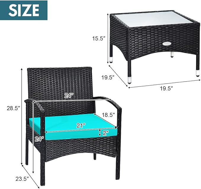 COSTWAY 3 PCS Patio Wicker Conversation Set, PE Rattan Sofa with Tempered Glass Coffee Table, 2 Chairs, 2 Cushions, Outdoor Patio Furniture Set for Yard Porch Bistro Balcony Backyard Pool, Turquoise