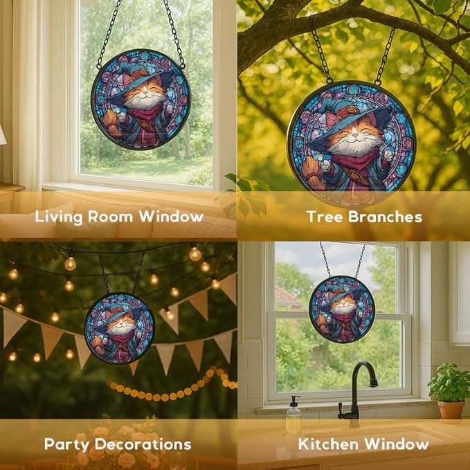 Stained Glass Window Hanging， Wizard Cat 9.8in Sun Catchers Indoor Window， Core Decor Inside and Outside The Cottage， Gifts for Women， Whimsical Feline Art， Colorful Accent Decor
